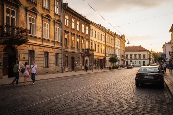 Lviv old town street with warm evening light